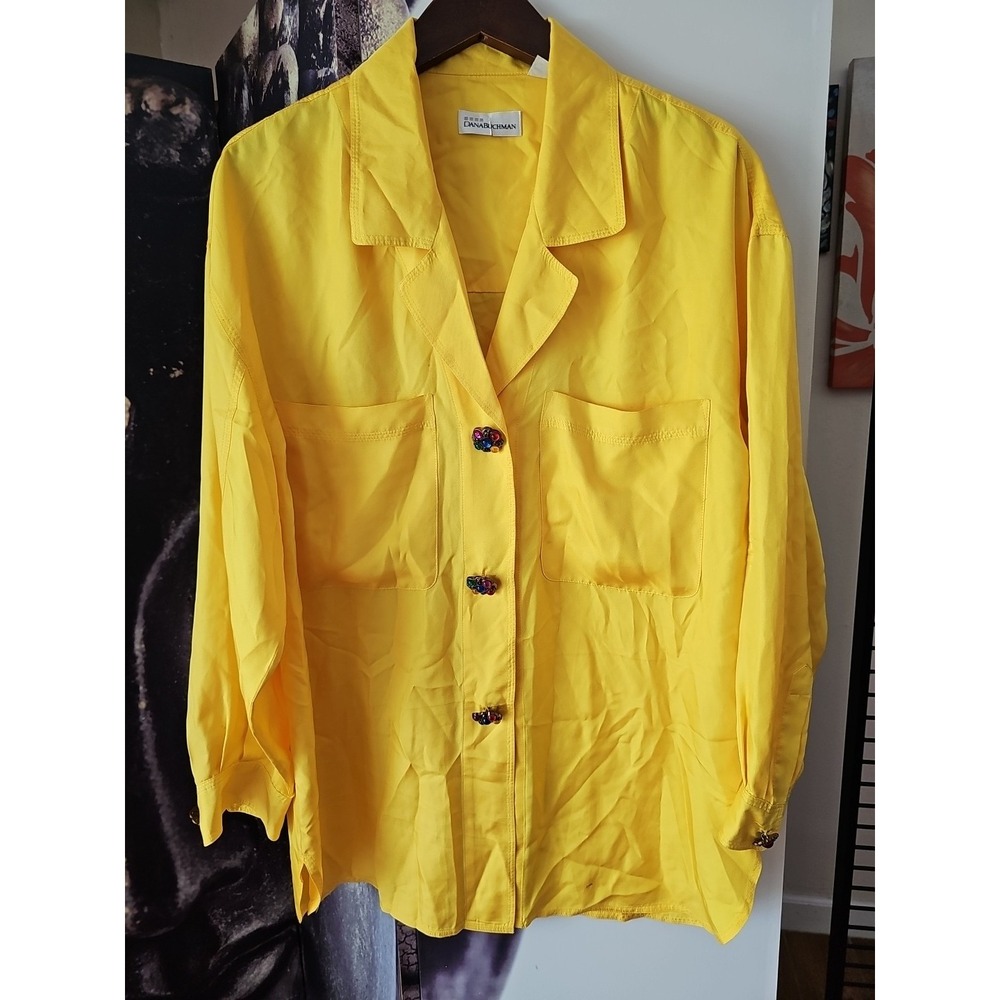Vintage 90's DANA BUCHMAN Silk Vibrant Yellow Beaded Gold Buttons Long Sleeve L